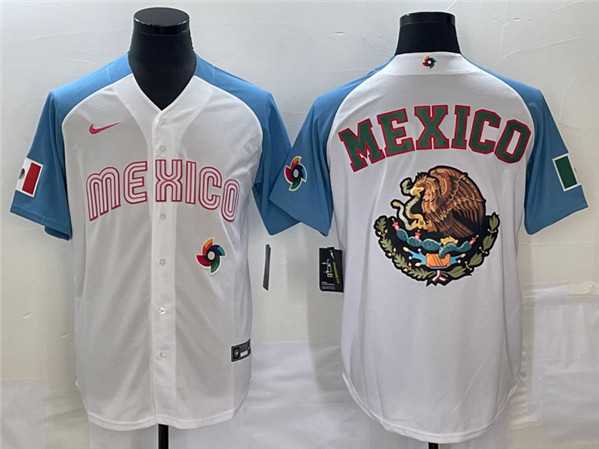 Mens Mexico Baseball 2023 White Blue Team Big Logo World Baseball Classic Stitched Jersey